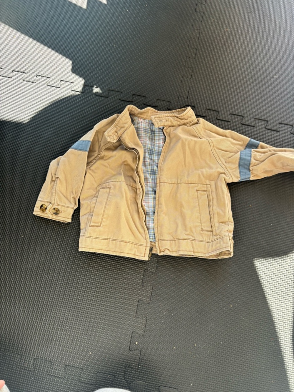 Kids Tan Cotton Jacket with Blue Sleeve Accents